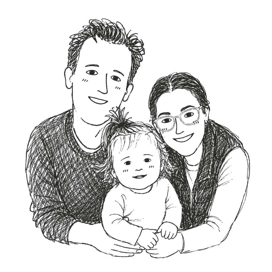 a hand-drawn doodle of jake, his wife, and their daughter